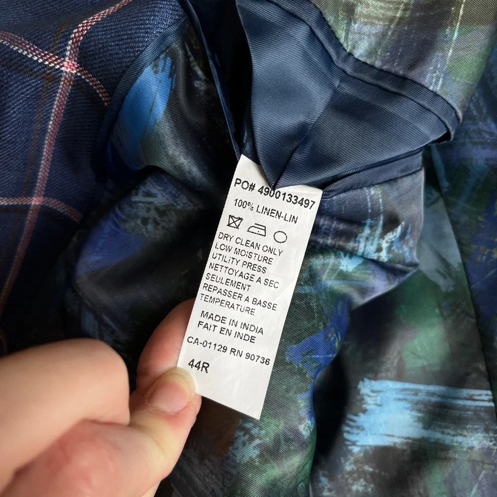 Tallia Mens 44R Blue Pink Windowpane Plaid 100% Linen Sport Coat Blazer Jacket